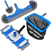 TidyMister 3-in-1 Pool Cleaning Kit Full Set - 18in Rounded End Pool Brush & Ergonomic Pool Vacuum Head with Wheels& Pool Nylon Net Fine Mesh for Above Ground In-ground Pools, Spas, Hot Tubs
