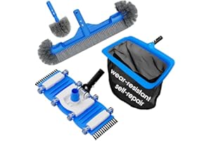 TidyMister 3-in-1 Pool Cleaning Kit Full Set - 18in Rounded End Pool Brush & Ergonomic Pool Vacuum Head with Wheels& Pool Nylon Net Fine Mesh for Above Ground In-ground Pools, Spas, Hot Tubs