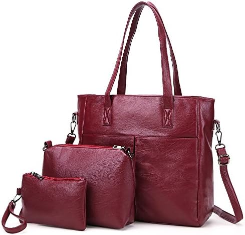 Women Top Handle Handbags Tote Bag Purse 3 piece Large Capacity (Red)