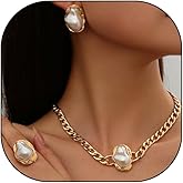 GIGB PBDK Gold Baroque Pearl Necklace Ring Earrings Set for Women,Dainty Big Pearl Statement Collarbone Necklace,Trendy Wedding Brides Bridesmaids Jewelry Set