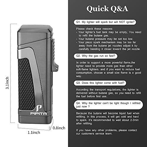 PIPITA Torch Lighter Windproof Triple Jet Flame Butane Cigar Lighter with Punch Cutter Adjustable Refillable Zinc Alloy Lighter (Butane Not Included) (Blue)