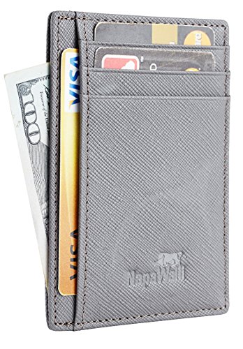 NapaWalli RFID Blocking Minimalist Genuine Leather Slim Front Pocket Wallet (Design B crosshatch steel gray)