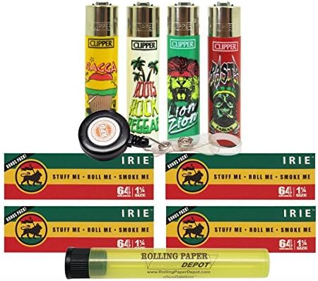 Bundle - 10 Items - Rasta Clipper Lighters, Irie 1 1/4 Papers, RPD Lighter Lasso and RPD Doob Tube