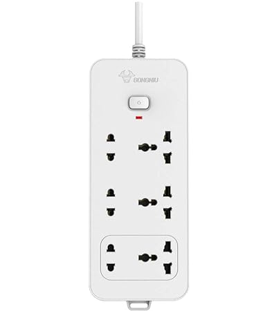 Gongniu (Formerly Bull) Extension Board; 3 2-Pin and 3 3-Pin Socket, 1 Switch, 3 M Wire, White