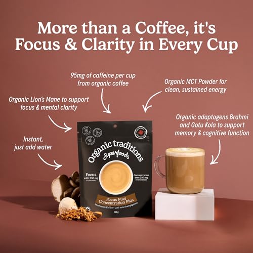 Organic Traditions Focus Fuel Mushroom Coffee, Instant Coffee with Lion’s Mane, MCT Oil Powder, Adaptogens, Coconut Milk, Smooth Dairy Free Blend for Daily Focused Energy, Organic Coffee, 280g / 10oz