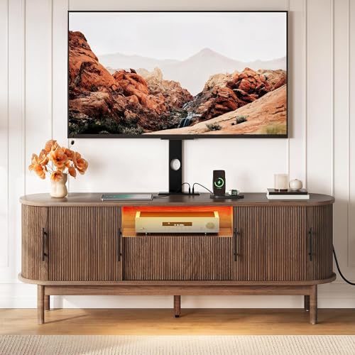 YITAHOME Fluted Curved TV Stand with Mount for 32-70 Inch TVs, Modern Entertainment Center with LED Lights & Power Outlets,Walnut