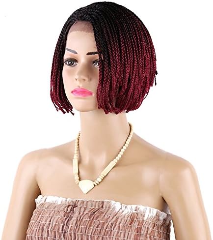 Kanuosi Omber Braided Wigs Bob Lace Front Wig for Black Women Glueless Short Bob Braided Lace Wig with Baby Hair for Daily Wear Half Hand Tied 12inches Black to Wine Red