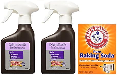 Hydrogen Peroxide First Aid Antiseptic 3% Solution 8 Oz Trigger Spray Bottle Bundle of 2 Plus 8 oz arm and hammer baking soda (bonus 4.5 x 6 wash your hands magnet)