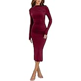 IHOT Women Mock Neck Casual Bodycon Midi Dress Long Sleeve Ruched Elegant Party Club Fall Dresses