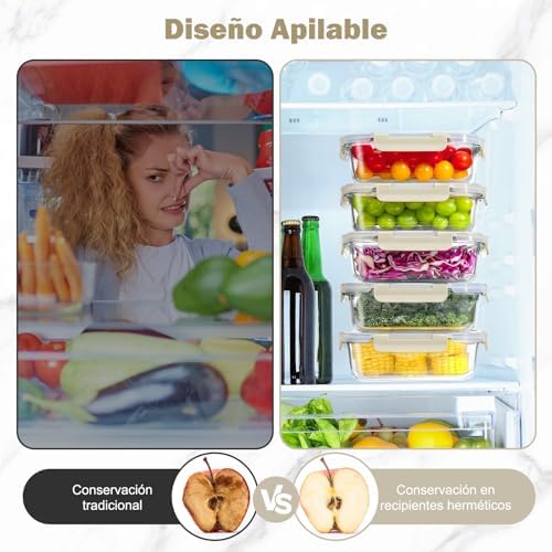 10 Piezas Recipientes de Vidrio con Tapas Herméticas, Reutilizables, Apto para Microondas, Horno, Congelador y Lavavajillas, Sin BPA, Fiambrera Cristal, Blanco