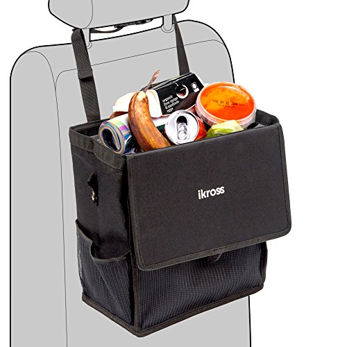 iKross Hanging Car Trash Organizer Bin Bag, Leakproof Auto Garbage Litter Storage Box with Cover Lid, Detachable Backseat Strap and Side Pockets - Black
