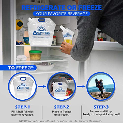 WaterStorageCube Premium Collapsible Water Container Bag, BPA Free Food Grade Clear Plastic Storage Jug for Camping Hiking Backpack Emergency, No-Leak Freezable Foldable Water Bottle 1.3 Gallon 10Pack