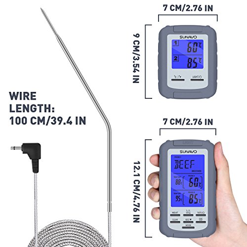 Sunavo Wireless Remote Cooking Meat Thermometer Digital with Large LCD and Timer Alarm for Grilling Oven Kitchen Smoker BBQ Grill with Dual Stainless Steel Temperature Probe - Thumbnail 6