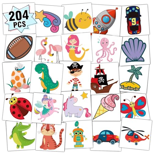 Partywind Kids Temporary Tattoos, 204 PCS Fake Tattoo Stickers for Kids Party Supplies Favors Decorations, Surprise Birthday Goodie Bag Stuffers (Individually Wrapped)