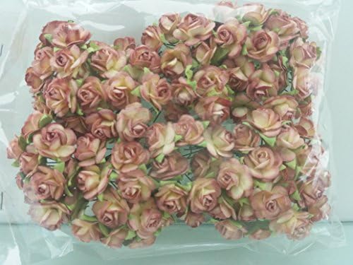 100 Coral & Champagne Mulberry Paper Rose Flower handmade size 1.5 cm. Wedding Card Craft Scrapbook Rose Scrapbook Craft Wedding NO 166