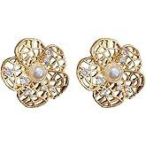 Kokoma Pearl and Crystal Flower Stud Earrings for Women, Gold Plated Cubic Zirconia Floral Statement Earrings Fashion Jewelry