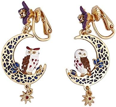 Maybesky Glaze Flower Owl Earrings Gold-plated Hollow Moon Stars Earrings Earrings Female Women's Clip-on Earrings Girls Fairy Tale Series Pendant Elegant (Color : Clip-on)
