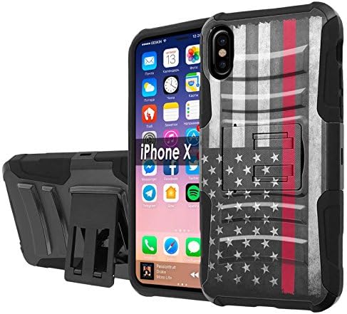 iPhone X Armor Case 5.8 Inch SlickCandy Black/Black Heavy Duty Defender Holster Kick Stand Screen Protector - [Fire Fighter Red Line] for iPhone X