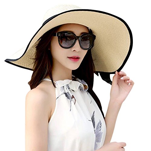 Lanzom Womens Big Bowknot Straw Hat Foldable Roll up Sun Hat Beach Cap UPF 50+ (Beige)