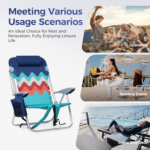 ALPHA CAMP Set of 2 Beach Chair, Beach Chairs Low Folding Lightweight, Foldable Backpack Beach Camping Chair with 4 Position, Cooler Bag, Headrest, Armrest, Wave Blue