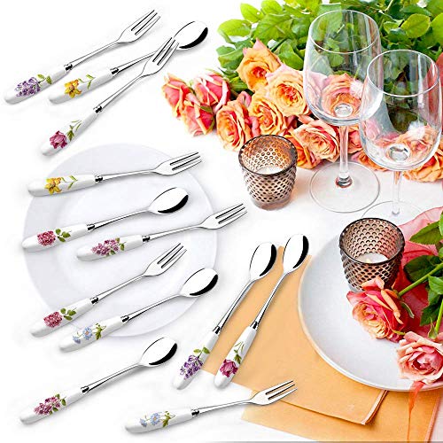 Dessert Flatware Set,Elegant Life 12-Piece Ceramic Handle Stainless Steel Dessert Fruit Cake Fork Spoon Set, 6Inches - Thumbnail 4