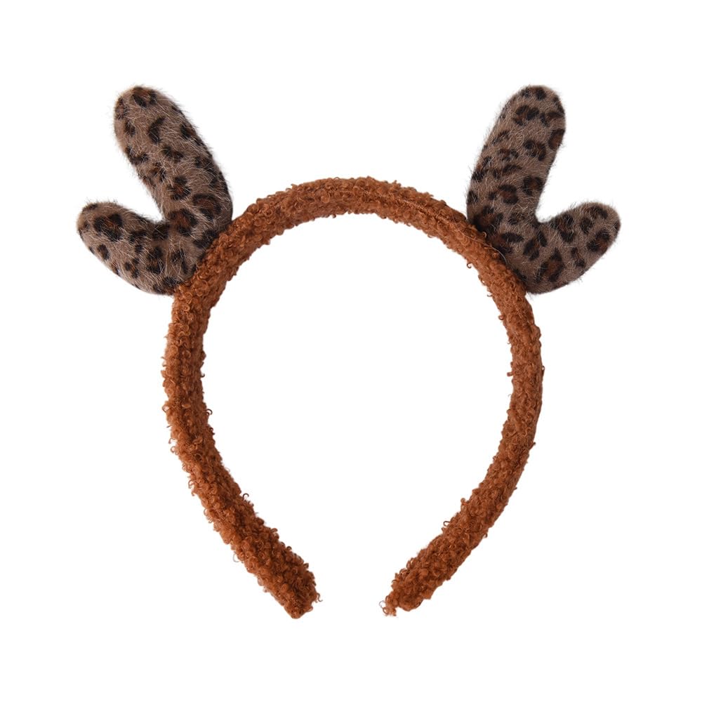 Guqqeuc Leopard Ears Deer Antler Headband for Women Fluffy Leopard Print Hair Band for Washing Face Makeup Stag Reindeer Antlers Headband for Christmas Party Cosplay Deer Head Band Christmas Gifts