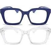 REAVEE 2 Pack Oprah Style Oversized Reading Glasses for Women Men Blue Light Blocking, Ladies Stylish RetroSquare Large Computer Readers (Blue/Clear 1.5x)