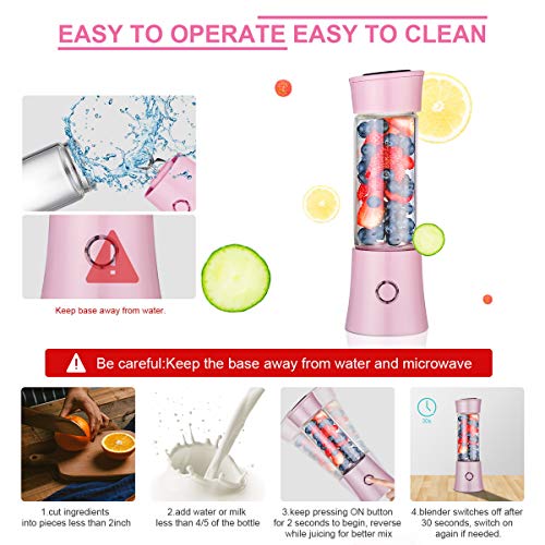 Portable Blender with 16 oz Travel Cup and Lid, USB Rechargeable Personal Smoothie Blender, Cordless Handheld Small Mini Single Serve Juicer Blender