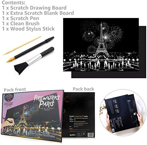 Scratch & Sketch Art Paper for Adults & Kids, Scratch Paper Rainbow Painting Sketch Pads DIY Art Craft Night View Scratchboard with Clean Brush,Scratch Coloring Pen,16 X 11.2 Inches (Paris Fireworks)