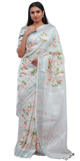 100 count Pure Linen Floral Peach Embroided White Womens Saree with Blouse Piece