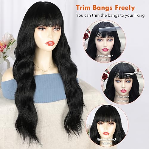 POPTAIYU Black Wigs with Bangs Long Wavy Wig for Women Curly Natural Black Wavy Hair Wigs Heat Resistant Synthetic Fiber Wigs for Daily Party Use 26 Inches (Black)