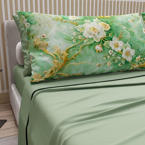 Petti Artigiani Italiani - Sábanas de algodón con Fundas de Almohada de impresión Digital, sábanas Cama Individual, Juego de Cama Individual, diseño Floral 3 Salvia, 100% Made in Italy