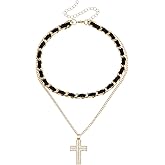 PLOUTOS Layered Black Leather Chain Choker Necklace Set For Women With Gold Paperclip Link Chain Crystal Paved Cross Pendant Fashion Jewelry