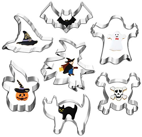 Halloween Cookie Cutters, Hibery 7-Piece Metal Cookie Cutter Set with Pumpkin, Bat, Ghost, Skull, Cat, Witch & Witch Hat