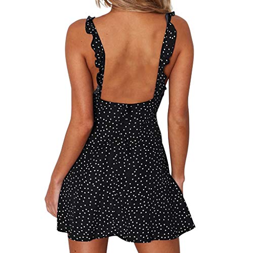 Caopixx Women's Summer V-Neck Sleeveless Polka Dot Beach Dress Short Mini A-Line Dress Black