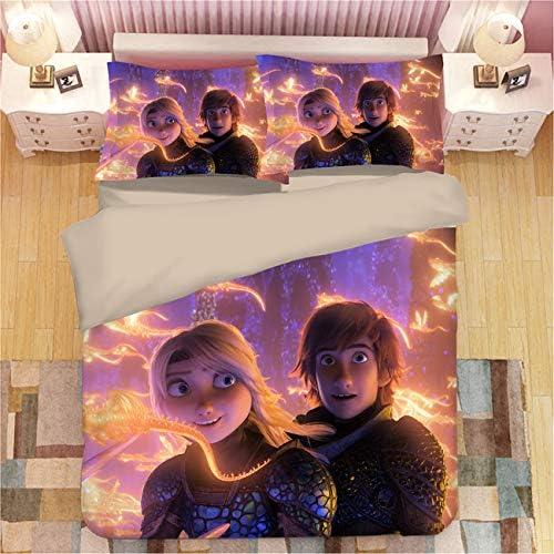 AMTAN 3D How to Train Your Dragon Duvet Cover Set Movie How to Train Your Dragon 3 Bedding Set 100% Microfiber Teen Bed Set 3pcs 1 Duvet Cover 2 Pillowcase King Queen/Full Twin Size