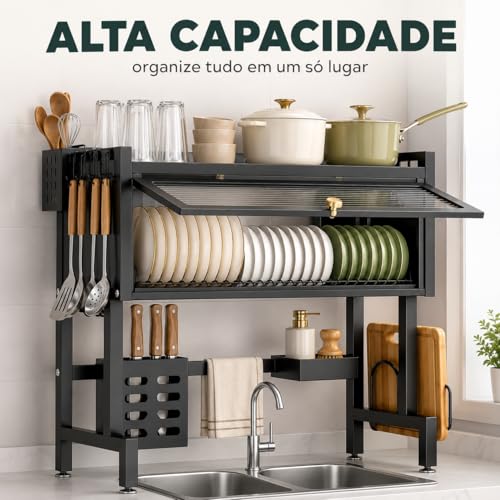 Laruno Escorredor de Louça Suspenso 75cm Preto Organizador de Pia Cozinha com Porta Pratos, Copos, Talheres, Utensílios e Escova de Limpeza