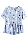 MakeMeChic Women's Ruffle Hem Floral Blouse Short Sleeve Babydoll Top 1-Blue L