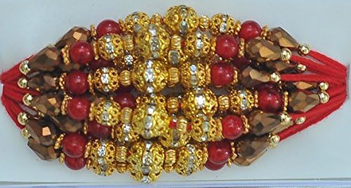 Fancy rakhi thread with colourful threads, beads and stones design ED10546 (Red)
