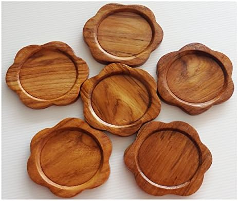 (2 Set, Set of 6) Amatahouse Handmade Teak Wood Coasters for Drink Saucer Set Sturdy &amp; Decor Table Essential, Indoor &amp; Outdoor, Flower Shape