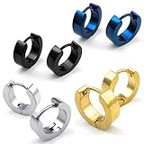 Mens Stainless Steel Classic Plain Huggie Hinged Hoop Earrings, 4 Pairs