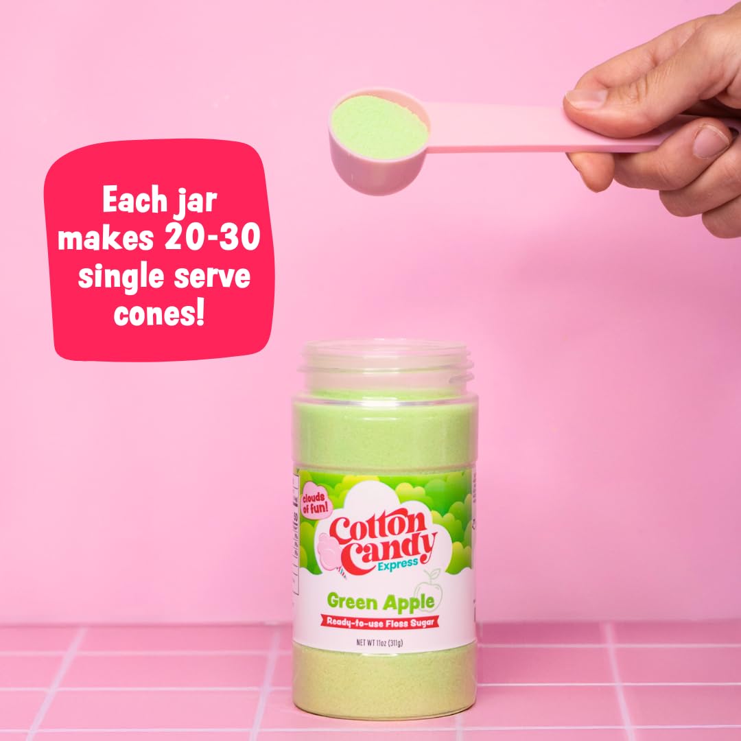 Cotton Candy Express Floss Sugar Variety Pack with 5 - 11oz Plastic Jars of Grape, Orange, Pink Vanilla, Blue Raspberry, Cherry Flossing Sugars Plus 50 Paper Cotton Candy Cones