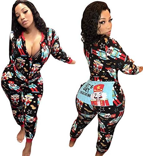 Fashion Women Long Sleeve Christmas Zipper Jumpsuit Onesie Pajamas Funny Letter on The Bottom Club Party (Black, S)