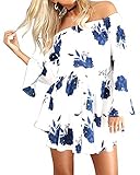 PiePieBuy Women Sexy A-Line Off the Shoulder Flare Sleeve Floral Print Lace Up Waist Summer Beach Maxi Dress Casual