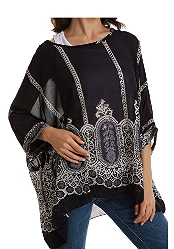 OUKIN Womens Bohemian Floral Batwing Sleeve Plus Chiffon Oversize Loose Off Shoulder Blouse Tops