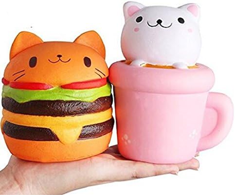Wendingstan set of 2 Cat Kitty Squishies Jumbo Slow Rising Squishies Kawaii Cupcake Cat Squishy Hamburger Cat Squishy Cream Scented Kawaii Kitty Squishy Charms Squeeze Toy