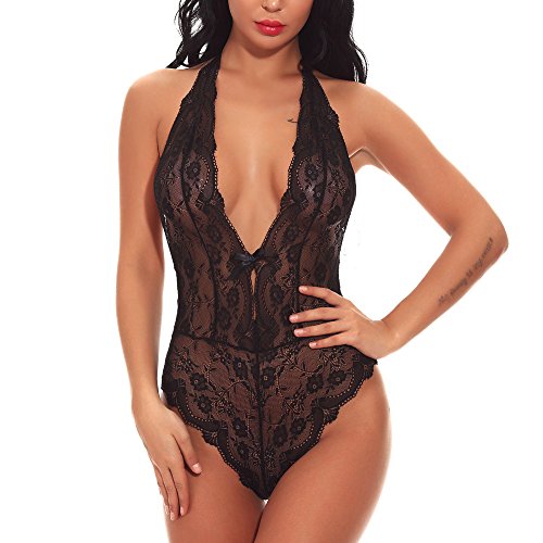 ✔ Hypothesis_X ☎ Women One Piece Lingerie Lace Teddy Bodysuit Backless Halter Babydoll Black