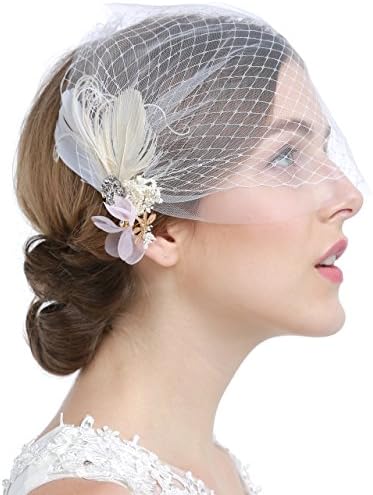 HailieBridal Women's White Ivory Feather Pink Floral Bridal Birdcage Veil