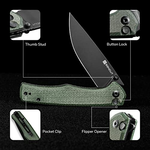 SENCUT Crowley Pocket Knife Button Lock Folding Knife for EDC, Green