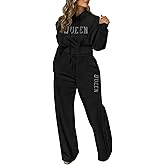 CHICME Women's 2 Piece Outfits Queen Tracksuit Cropped Hoodie and Wide Leg Sweatpants Fashionable Casual Outfit for spring